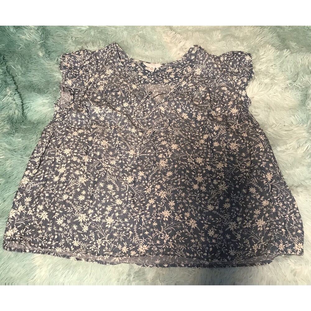 Short Sleeve Tie Front Boho Blue Floral Blouse Size M 8-10 Time and Tru